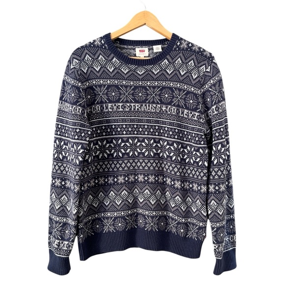 Levi’s Classic Fair Isle Holiday Sweater Navy Blue White Gray Size M - Picture 2 of 11